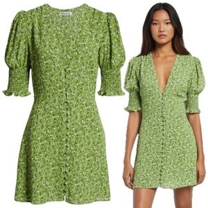 Reformation Green Alison Floral Button Down Short Puff Sleeve Mini Sun Dress